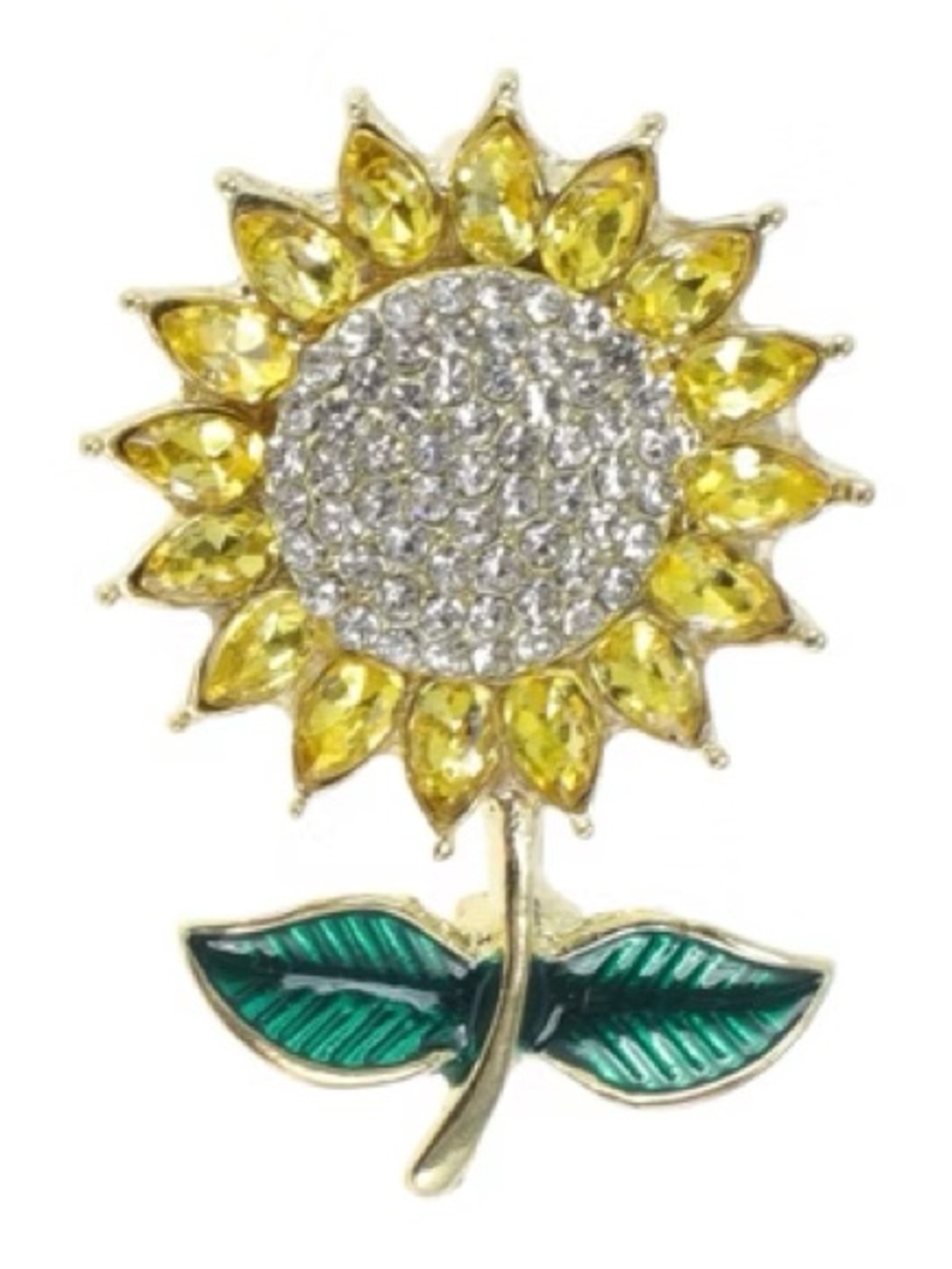 Sunflower Crystal Brooch — Yellow & Green Floral Pin